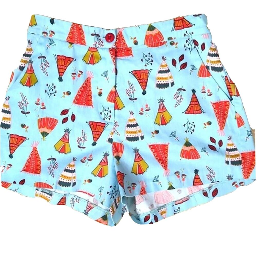 VTG Dollz & Dames High Waisted Short Shorts Turquoise AZTEC Teepee Print 26"